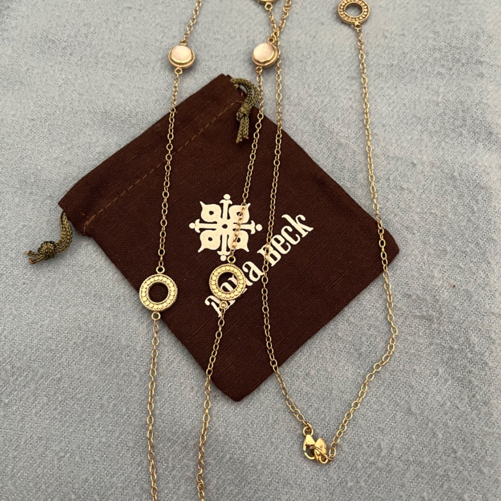 Anna Beck gold plated and pink pearl  necklace 36”